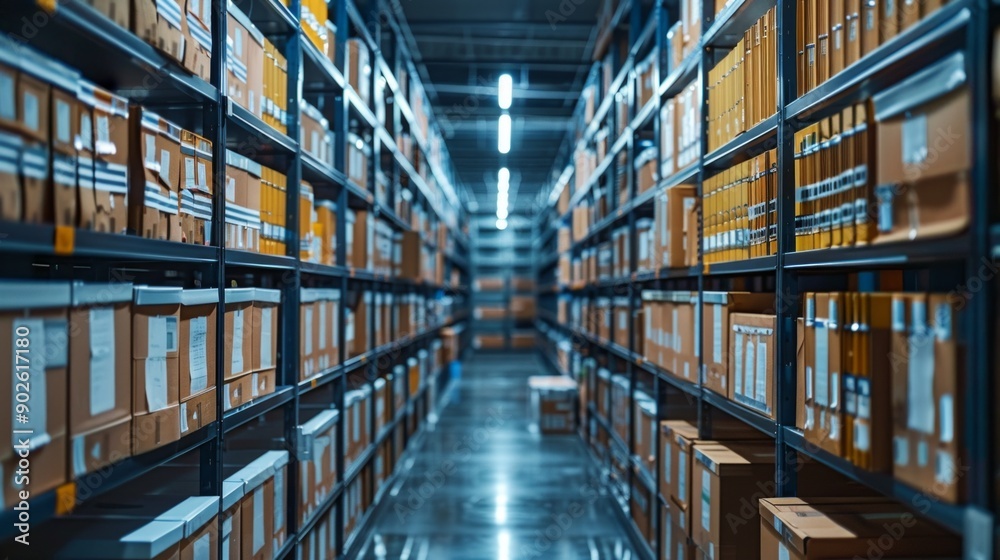A photo shows a large warehouse with organized aisles of boxes labeled with orange file folders. The industrial space is dimly lit, highlighting its scale and cleanliness with a human presence. A photo shows a large warehouse with organized aisles of boxes labeled with orange file folders. The industrial space is dimly lit, highlighting its scale and cleanliness with a human presence.