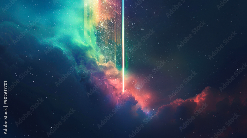 Vertical Light Beam Through Vibrant Nebulous Clouds Vertical Light Beam Through Vibrant Nebulous Clouds