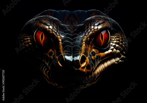 anaconda face with shiny red eye isolated on black background
