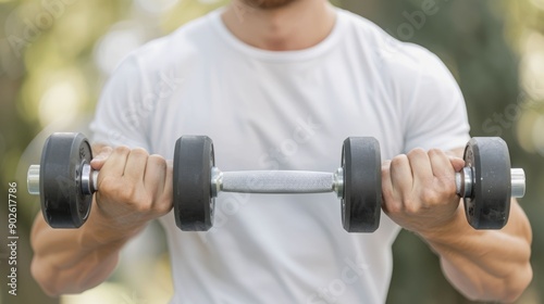 Fit and Muscular Man Lifting Heavy Dumbbells in Scenic Outdoor Park Setting Vibrant Blurred Natural Environment in the Background Healthy Lifestyle and Fitness Concept