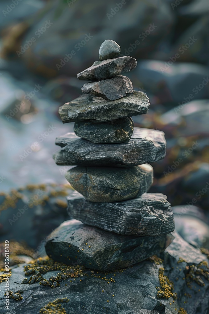 A stack of rocks is arranged in a pyramid shape. The rocks are large and grey, and they are placed on top of each other. The arrangement of the rocks creates a sense of stability and balance A stack of rocks is arranged in a pyramid shape. The rocks are large and grey, and they are placed on top of each other. The arrangement of the rocks creates a sense of stability and balance