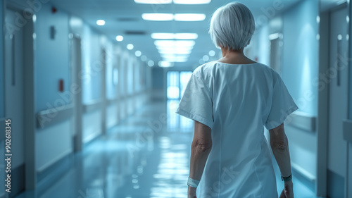 Woman Walking Down Hospital Corridor