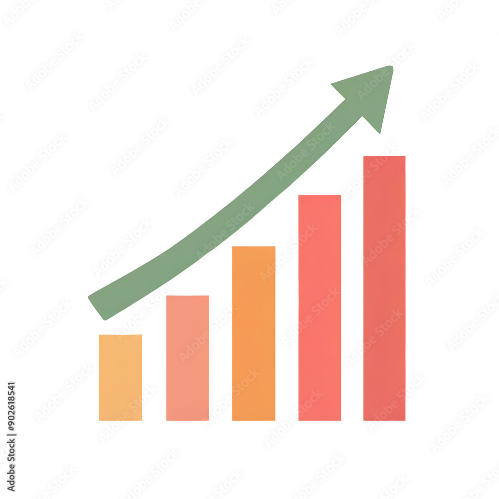 An illustration of growth with a rising arrow and colorful bar graph, representing successful business progress and financial increase. An illustration of growth with a rising arrow and colorful bar graph, representing successful business progress and financial increase.