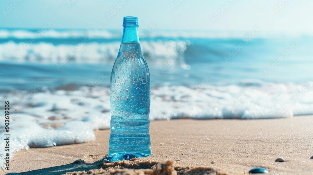 A bottle of water is sitting on the sand at the beach. The bottle is blue and has a clear top. The beach is calm and peaceful, with the water gently lapping at the shore A bottle of water is sitting on the sand at the beach. The bottle is blue and has a clear top. The beach is calm and peaceful, with the water gently lapping at the shore