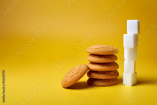 a tower of butter cookies and their equivalent in sugar cubes arranged on a solid colored background