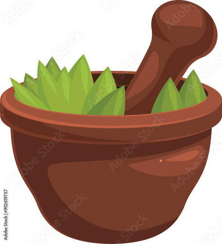 Wooden pestle is grinding herbs in a mortar, preparing a natural remedy for traditional medicine