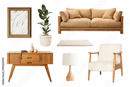 PNG minimal wooden furniture home decoration element set, transparent background