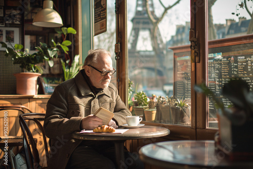 A senior man reads a book while enjoying a coffee and croissant in a Parisian cafe with the Eiffel Tower in the background.