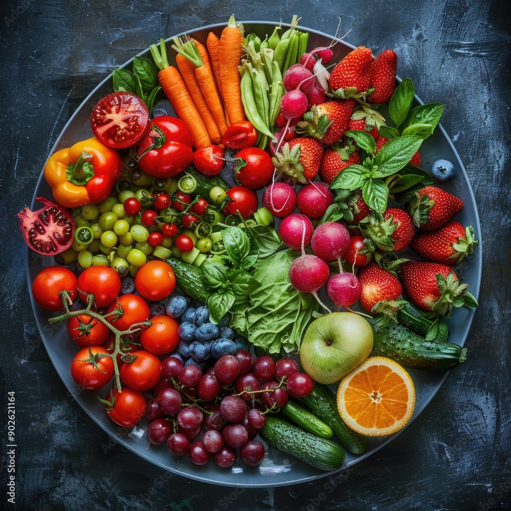 Elegant Plate of Colorful Vegetables and Fruits Symbolizing Vegetarian Diet Elegant Plate of Colorful Vegetables and Fruits Symbolizing Vegetarian Diet