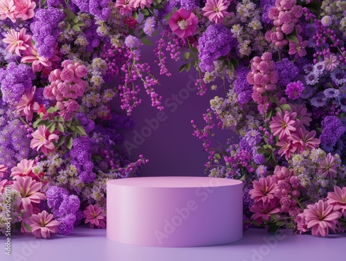 purple flowers with a podium 