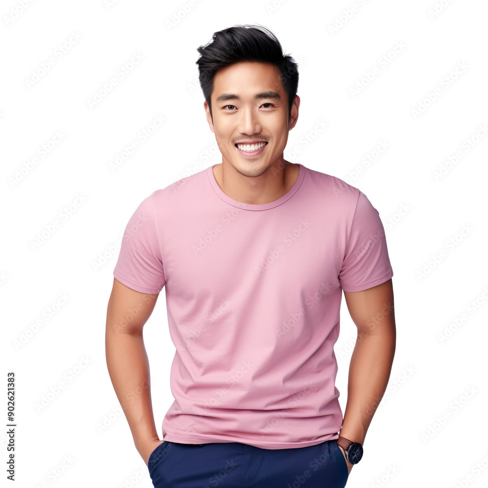 Front view mid shot of a handsome Asian man dressed in a pink graphic T-shirt and navy blue chinos, smiling on a white transparent background Front view mid shot of a handsome Asian man dressed in a pink graphic T-shirt and navy blue chinos, smiling on a white transparent background