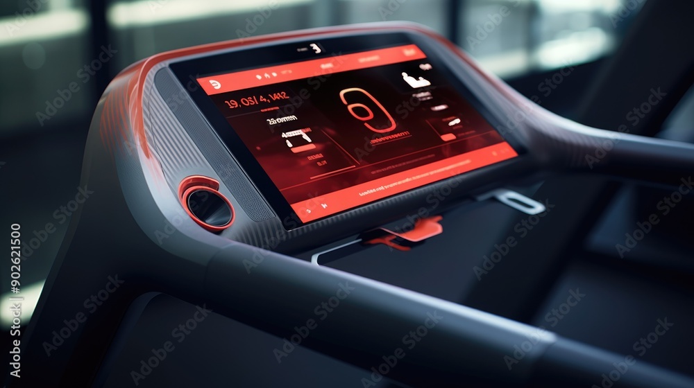 High-tech treadmill with a digital display in a modern gym High-tech treadmill with a digital display in a modern gym