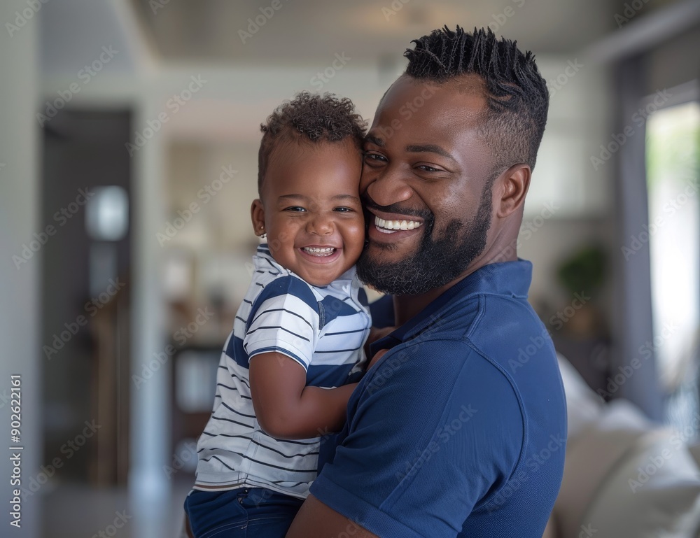 Fototapeta premium Happy father holding his smiling son indoors, showcasing a joyful family bond