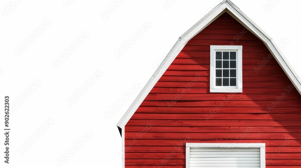 Classic red barn with white trim, isolated against a clear background, perfect for copy text space Classic red barn with white trim, isolated against a clear background, perfect for copy text space