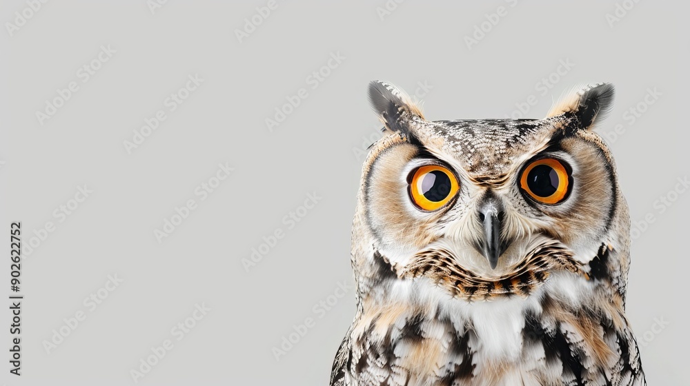 Close-up of an owl with wide, expressive eyes, isolated on a clean background, with extra space for text or logos Close-up of an owl with wide, expressive eyes, isolated on a clean background, with extra space for text or logos