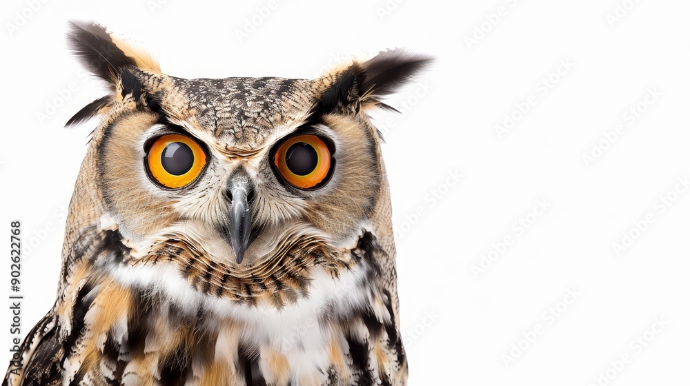 Close-up of an owl with wide, expressive eyes, isolated on a clean background, with extra space for text or logos Close-up of an owl with wide, expressive eyes, isolated on a clean background, with extra space for text or logos