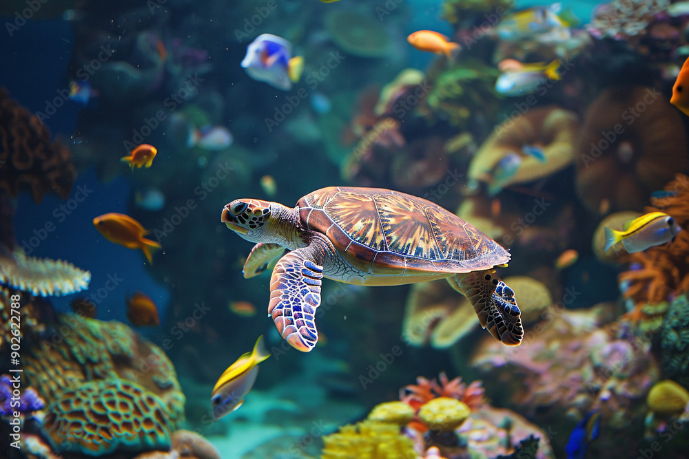 A sea turtle swims gracefully through a vibrant coral reef, surrounded by colorful fish. A sea turtle swims gracefully through a vibrant coral reef, surrounded by colorful fish.