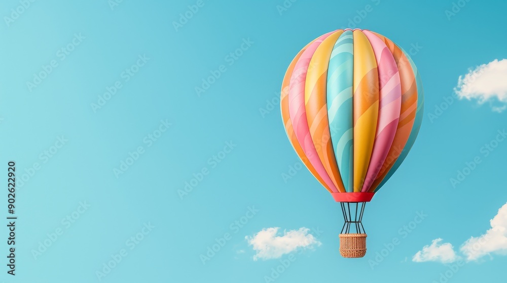 Naklejka premium Colorful hot air balloon adorned with artistic swirls and shapes, centered on an isolated sky backdrop, with plenty of room for text overlay