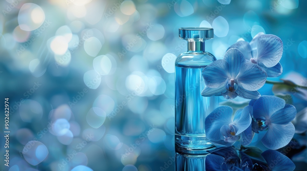 Blue Perfume Bottle with Orchids and Bokeh Background Blue Perfume Bottle with Orchids and Bokeh Background