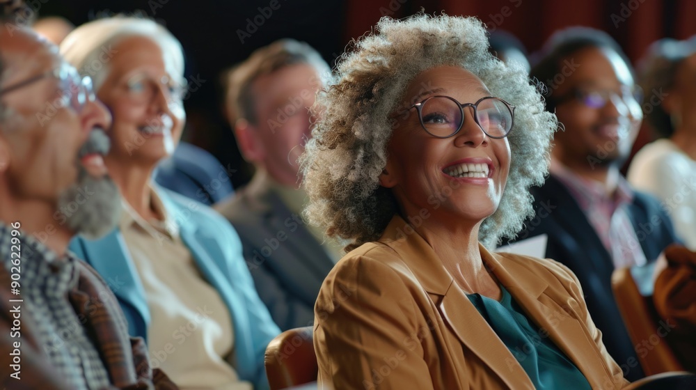 Fototapeta premium A woman with glasses is smiling at a group of people. The people are watching her. Scene is happy and friendly
