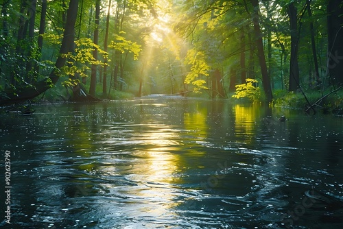 Sunlight Through Trees Reflecting On River Water - Illustration