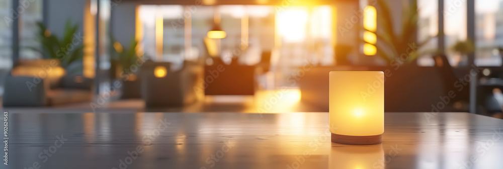 A modern office setup with the focus on a glowing light in the foreground A modern office setup with the focus on a glowing light in the foreground