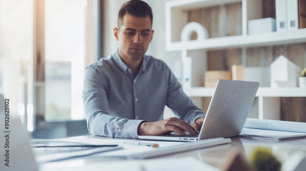 A male architect designing a project on a laptop A male architect designing a project on a laptop