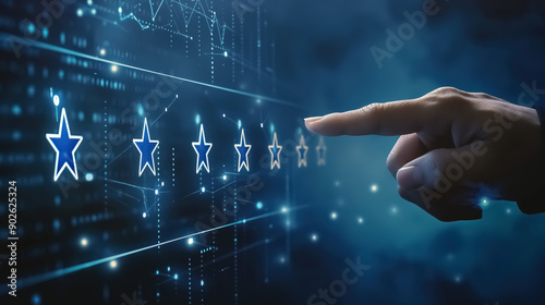 A virtual screen for a customer service review and performance review of efficient work or a business plan using online technology, against a dark blue background with copy space