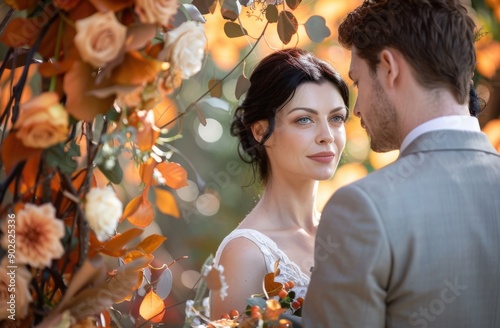 A beautiful autumn wedding ceremony decor with an arch adorned in orange and brown leaves, flowers, and vines of roses and chrysanthemums