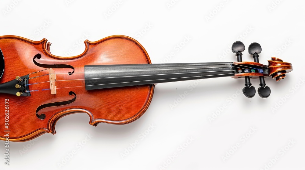 Fototapeta premium Close-up of a classic violin and bow, isolated on a clean white background, ample space for copy text around the instrument
