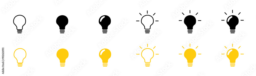 Light bulb icon. Electric lamp symbol. Light bulb sign, black, yellow and outline in vector flat Light bulb icon. Electric lamp symbol. Light bulb sign, black, yellow and outline in vector flat