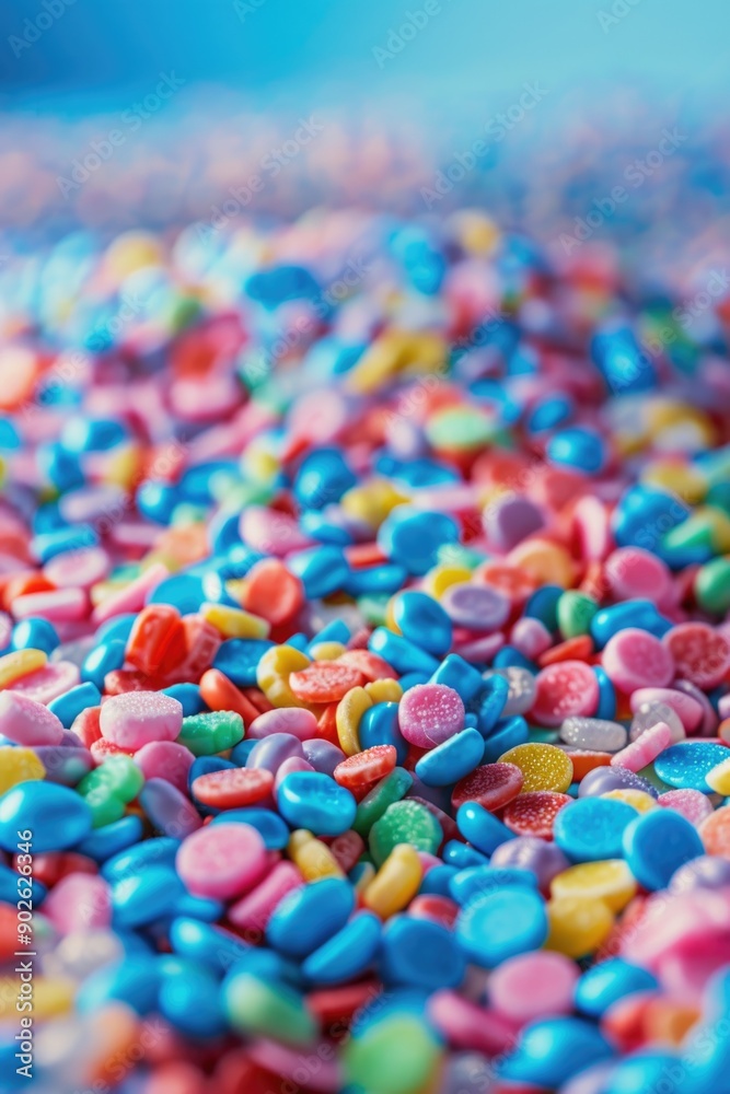 A pile of colorful candy with blue and pink pieces. The candy is scattered all over the ground A pile of colorful candy with blue and pink pieces. The candy is scattered all over the ground
