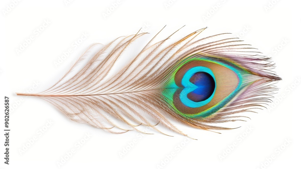 Obraz premium Close-up of a vibrant peacock feather with eye pattern, isolated on a white background, space for copy text