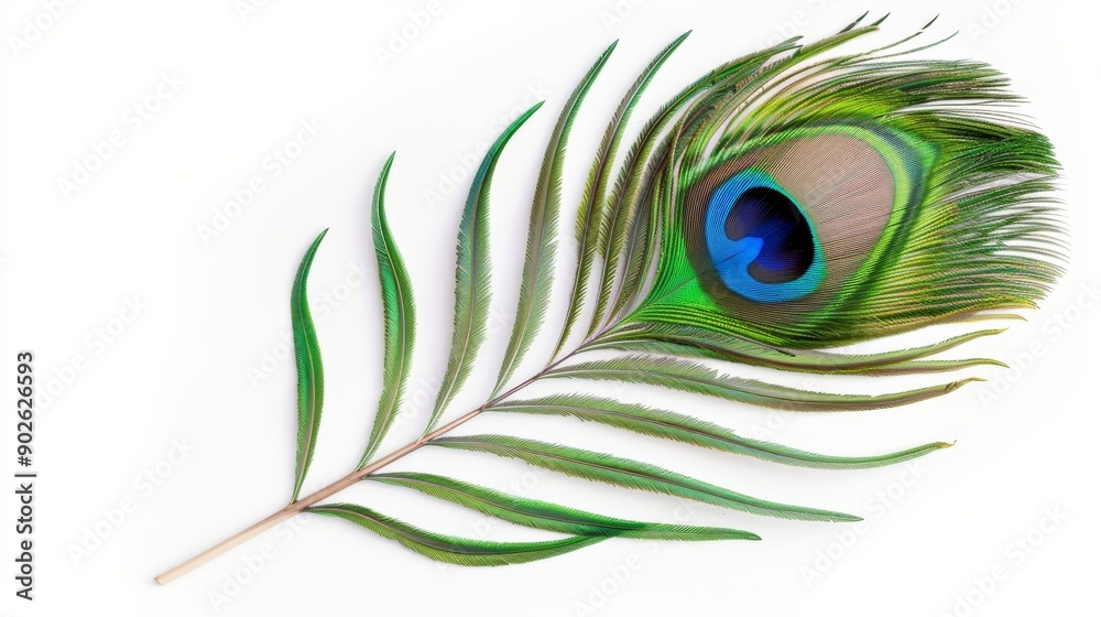 Fototapeta premium Close-up of a vibrant peacock feather with eye pattern, isolated on a white background, space for copy text