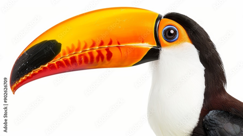 Fototapeta premium Close-up of a vibrant toucan, showcasing its colorful beak, with isolated white background and space for copy text