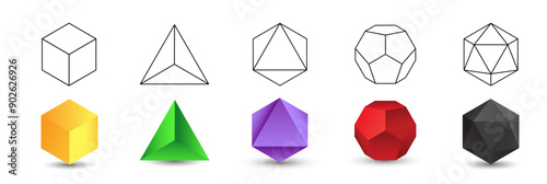 Set of colorful vector editable 3D platonic solids isolated on white background. Mathematical geometric figures such as cube, tetrahedron, octahedron, dodecahedron, icosahedron. Icon, logo, button.