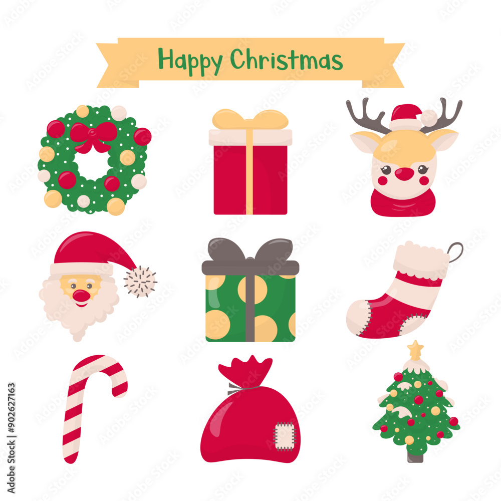 Set of Christmas clipart elements. Vector illustration in hand drawn style. Isolated images on a dark green background. Set of Christmas clipart elements. Vector illustration in hand drawn style. Isolated images on a dark green background.