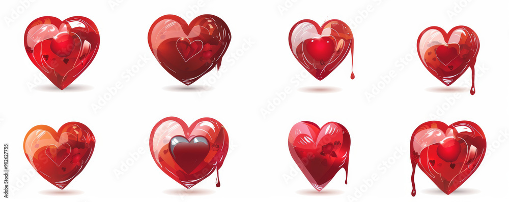 Collection of glossy red hearts with various designs on a light background. Collection of glossy red hearts with various designs on a light background.