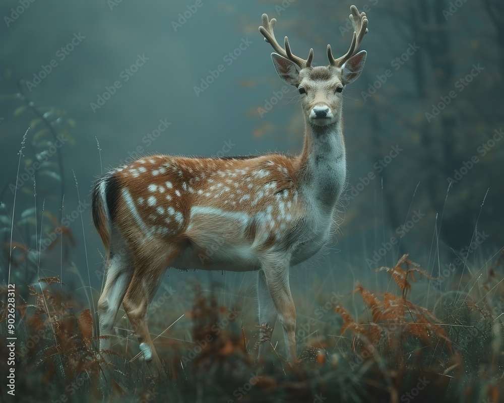 Fototapeta premium Graceful Deer in Misty Forest with Soft Light and Tranquil Atmosphere