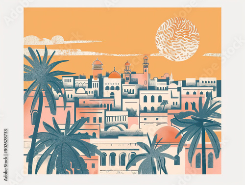 Risograph stencilled riso print travel poster, card, wallpaper or banner illustration, modern, isolated, clear, simple of Ajdabiya, Libya. Artistic, screen printing, graphic design photo