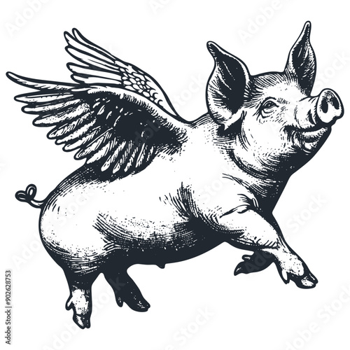 Flying pig with wings, vector illustration