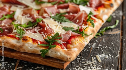 A close-up of a rectangular pizza topped with thin slices of prosciutto, fresh arugula, and shavings of parmesan cheese, placed on a wooden board.