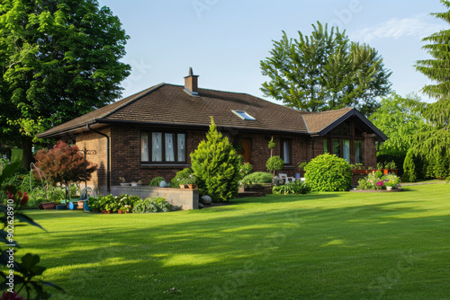 Well-maintained single-story brick house with a lush green lawn and landscaped garden