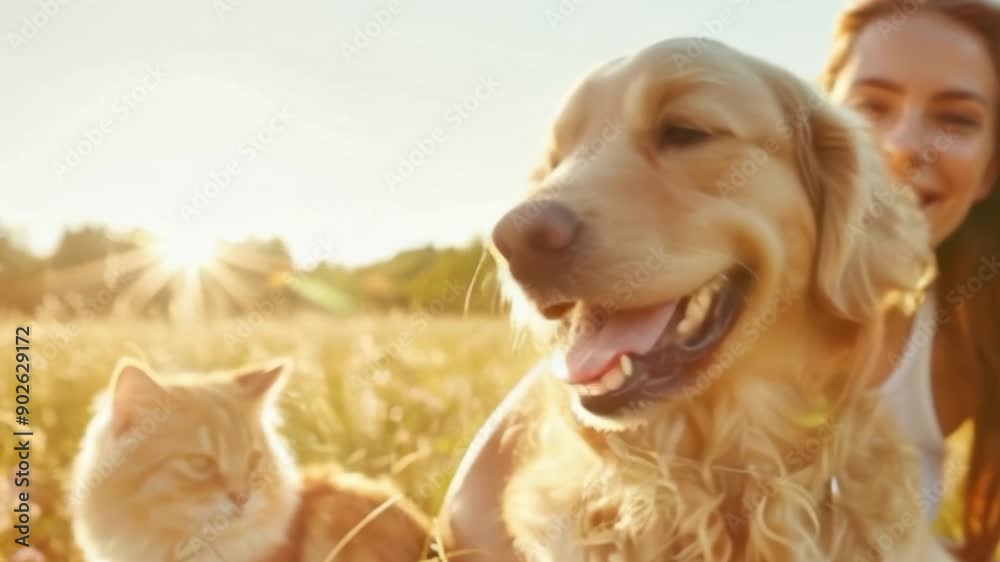 A happy golden retriever and a curious cat enjoying a sunny day in a grassy field with a smiling woman in the background. The sunlight creates a warm, joyful atmosphere.