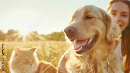 A happy golden retriever and a curious cat enjoying a sunny day in a grassy field with a smiling woman in the background. The sunlight creates a warm, joyful atmosphere.
