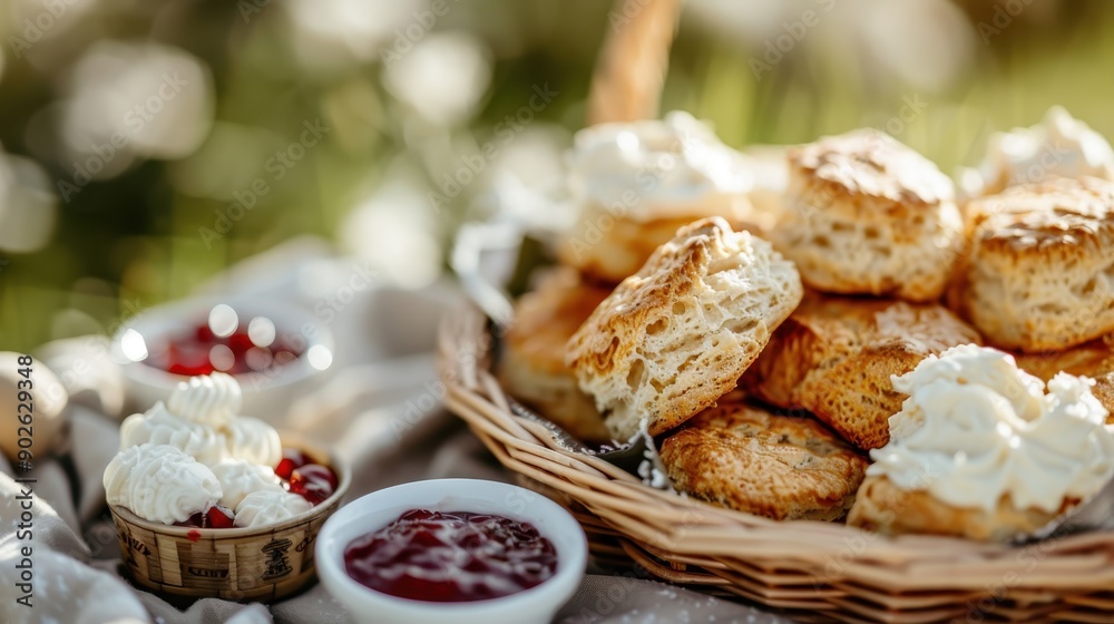 A charming basket of scones topped with cream and served with jam on a picnic spread outdoors, capturing the essence of a sunny and relaxed dining experience in nature. A charming basket of scones topped with cream and served with jam on a picnic spread outdoors, capturing the essence of a sunny and relaxed dining experience in nature.