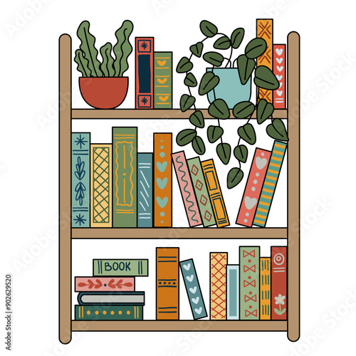 Bookcase with books and house plants on the shelves. Collection of books in the library. Flat style, children's illustration on a white background.