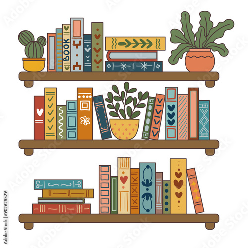 Bookshelves with books and house plants on the shelves. Collection of books in the library. Flat style, children's illustration on a white background.