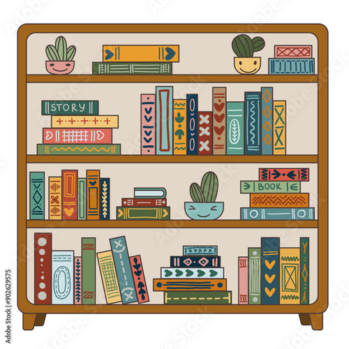 Bookcase. Books on the shelves. Collection of books in the home library. Flat style, children's illustration on a white background.