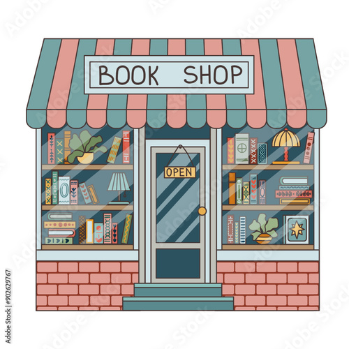 Vintage bookstore. Retro style bookshop window. City building. Flat style, children's illustration on white background. Book day poster
